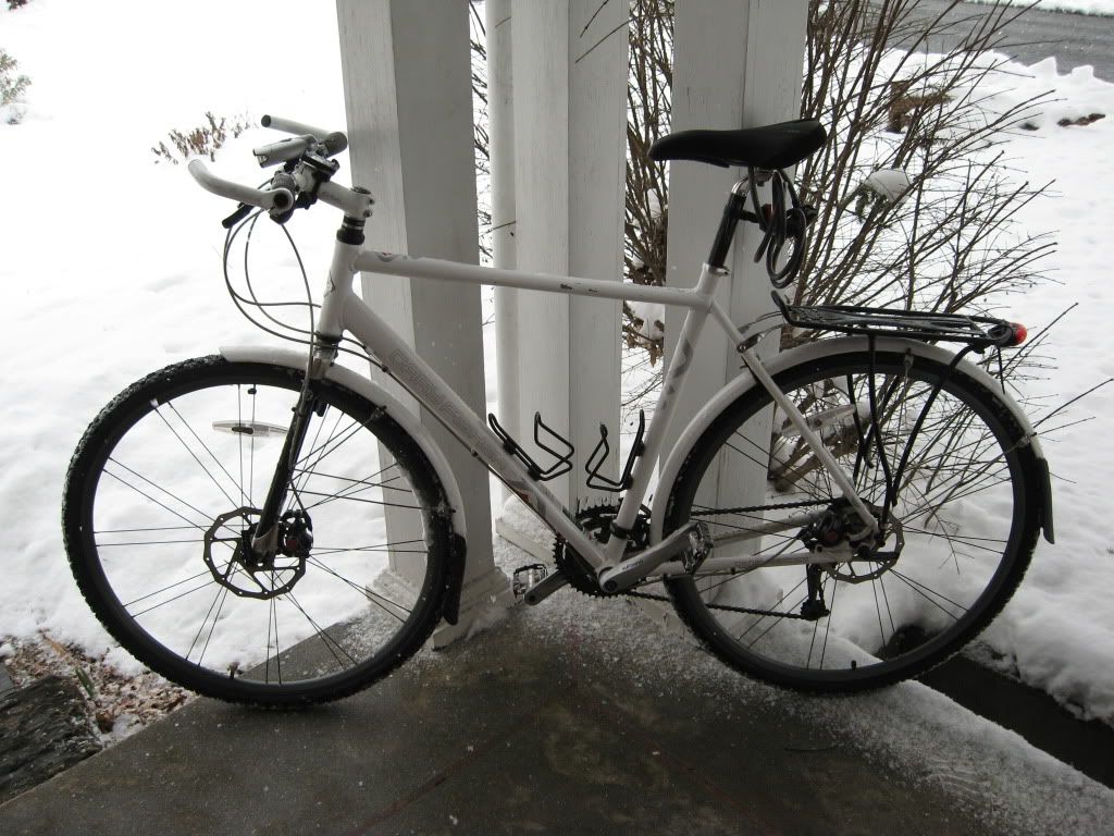 /QUOT
I have used larger than suggested tires on two different sets of Planet Bike fenders. The first bike had 700x40 fenders with 700x45 tires. The second bike (pictured) is my current commuter and, it has 700x35 fenders with 700x40 Nokian studded tires. My street tires for the second bike are 700x32. With both bikes the larger tires fit under the fenders. Much to my surprise the fenders on the GF did not need adjustment to clear the Nokians. Most tires aren't as big as they claim plus most fenders will clear a size larger than recommended without a problem. I hope this has helped.
![Photobucket