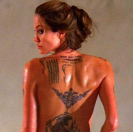 Tiger Tattoo,angelina jolie's tattoo,topless,prayer tattoo,naked,nude,celebrity,hollywood,actress,Angelina Jolie,angie,jolie,voight,tattoo
