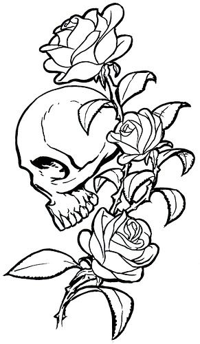 new school tattoo snake skull and rose · purple rose flower and black swirls