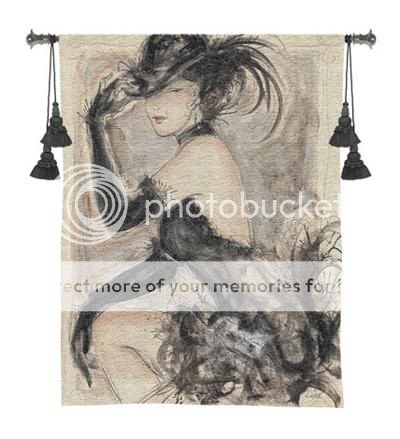 Thisglamorous show girl etching is crafted in tapestry using an 