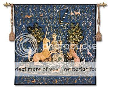 LADY AND THE UNICORN BLUE INDIGO MEDIEVAL WALL TAPESTRY  