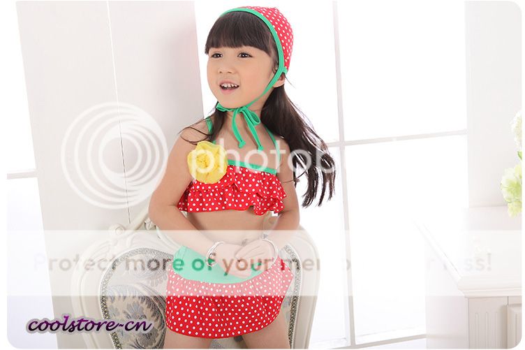 Toddler Kid's Girl Swimwear Bathingsuit Bikini Set Cap Dot Strawberry Red Y501